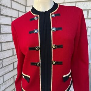 St. John Red Knit Military-Style Jacket with pants Black & Cream Trim
